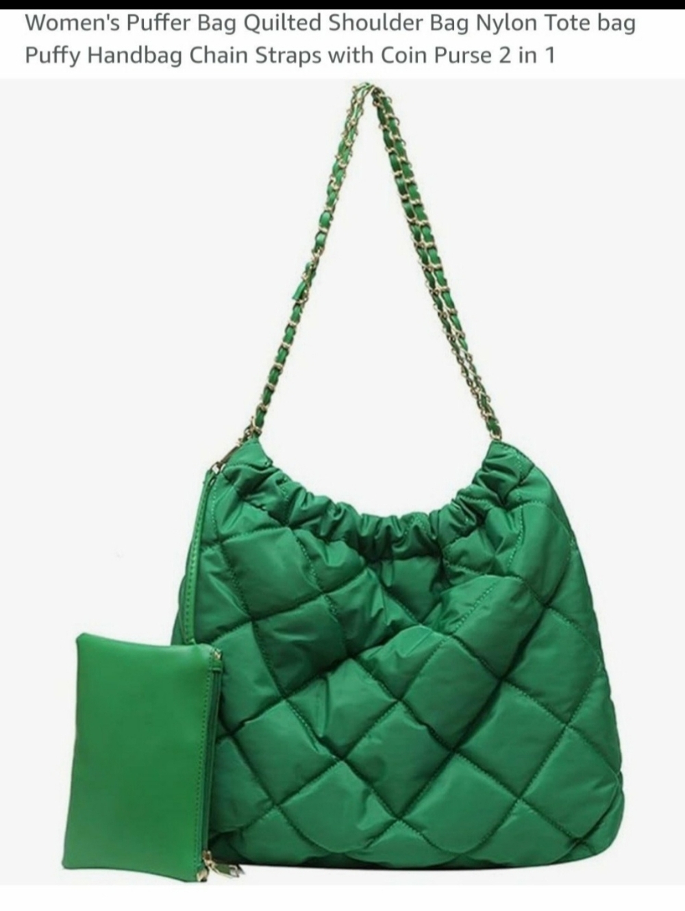 Quilted Puffer Shoulder Bag with Chain Strap - Green.  New